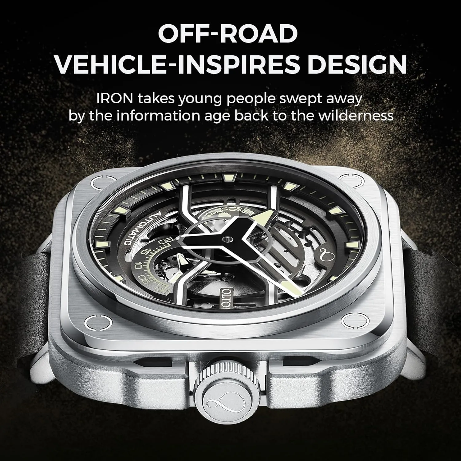 Skeleton Automatic Watch, Iron-EX Square Luxury Skeleton Watches for Men,Stainless Steel 50 Meters Waterproof with Leather Strap Wrist Watch Accessories Gift for Man