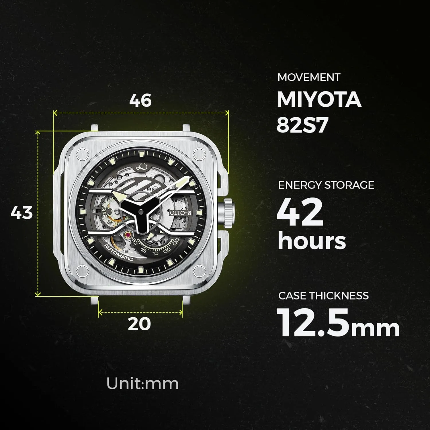 Skeleton Automatic Watch, Iron-EX Square Luxury Skeleton Watches for Men,Stainless Steel 50 Meters Waterproof with Leather Strap Wrist Watch Accessories Gift for Man