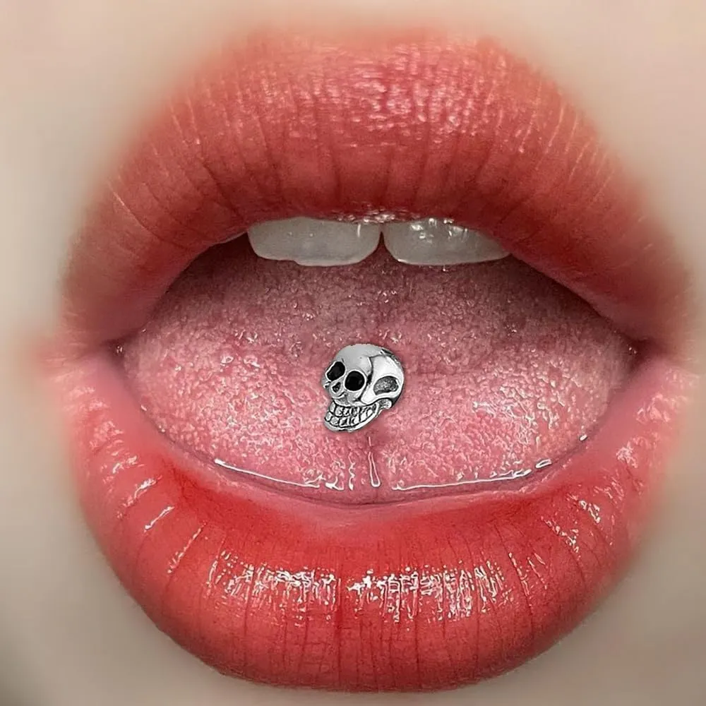 Skeleton Head Tongue Ring for Women Men Stainless Steel Crystal CZ Skull Cartilage Nipple Screw Back Barbell Stud Earrings Vintage Body Piercing Jewelry Gifts Halloween 14G