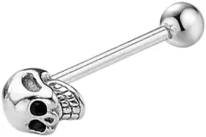 Skeleton Head Tongue Ring for Women Men Stainless Steel Crystal CZ Skull Cartilage Nipple Screw Back Barbell Stud Earrings Vintage Body Piercing Jewelry Gifts Halloween 14G