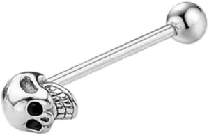 Skeleton Head Tongue Ring for Women Men Stainless Steel Crystal CZ Skull Cartilage Nipple Screw Back Barbell Stud Earrings Vintage Body Piercing Jewelry Gifts Halloween 14G