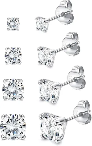 Small Earrings For Women White Gold Plated 925 Sterling Silver Stud Earrings 3/4/5/6MM CZ Earrings Set Simple Cartilage Jewelry Birthday Christmas Gift 4Pairs