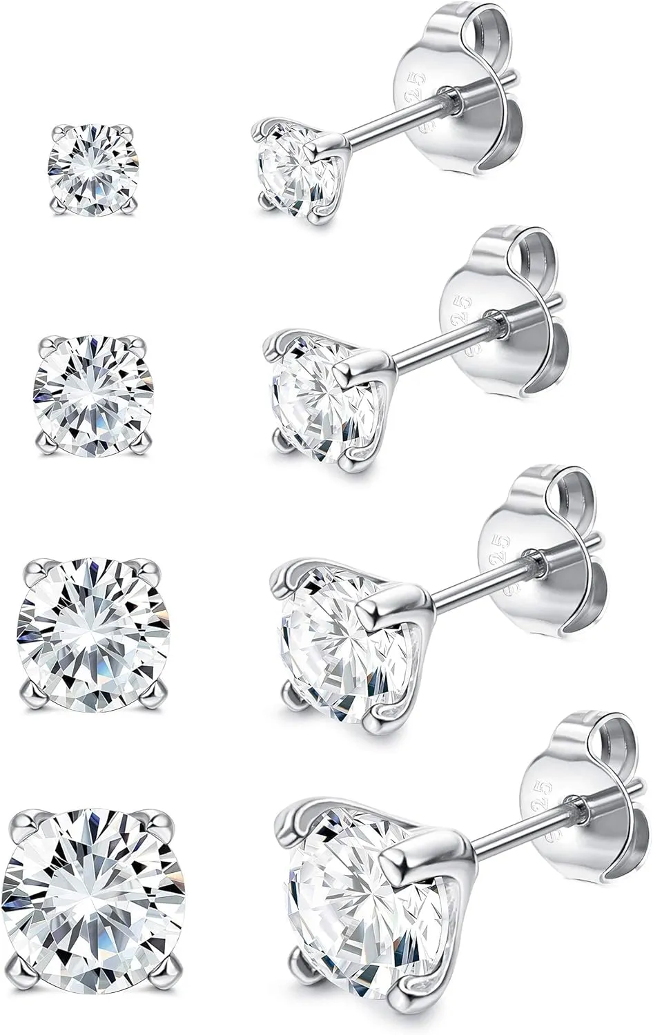 Small Earrings For Women White Gold Plated 925 Sterling Silver Stud Earrings 3/4/5/6MM CZ Earrings Set Simple Cartilage Jewelry Birthday Christmas Gift 4Pairs
