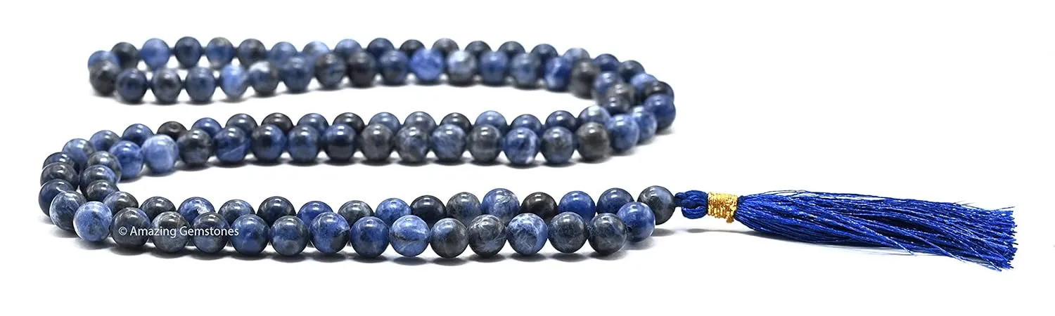 Sodalite Mala Beads 108 Hand Knotted Prayer Beads - Meditation Beads Mala for Women Men - Natural Gemstones Healing Crystal Mala for Yoga, Prayer, Meditation Japa Mala (Plain)