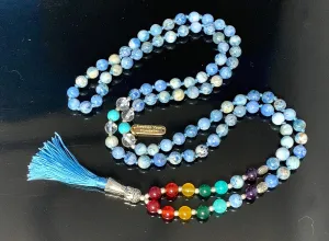Sodalite Seven Chakra Mala Beads Necklace, 8mm Hand-Knotted, Sagittarius Birthstone