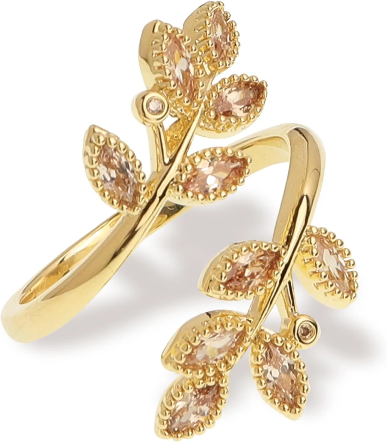 Sonateomber Gold Double Leaf Wrap Adjustable Statement Ring for Women - Fashion Cute Rhinestone Diamond Cubic Zirconia Lucky Leaves Open Promise Ring Prom Bridal Wedding Finger Jewelry Gift