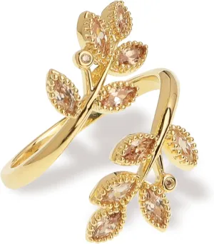 Sonateomber Gold Double Leaf Wrap Adjustable Statement Ring for Women - Fashion Cute Rhinestone Diamond Cubic Zirconia Lucky Leaves Open Promise Ring Prom Bridal Wedding Finger Jewelry Gift