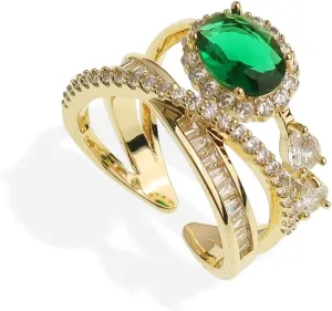Sonateomber Green Crystal Gold Open Stacking Ring for Women - Large Dainty Simulated Emerald Rhinestone Cubic Zirconia Stone Adjustable Statement X Criss Cross Stack Costume Ring Valentine Gift