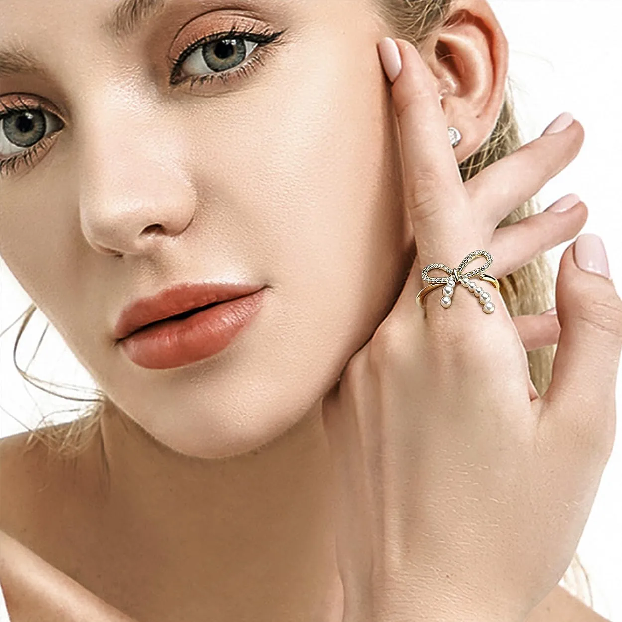 Sonateomber Spring Flower Adjustable Open Gold Ring for Women - Trendy Elegant Unique Cubic Zirconia Enamel Front Open Floral Leaf Easter Jewelry Gift