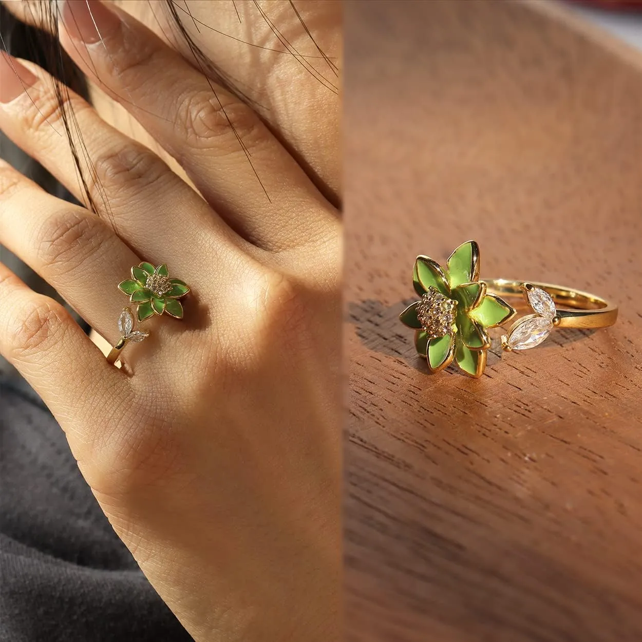 Sonateomber Spring Flower Adjustable Open Gold Ring for Women - Trendy Elegant Unique Cubic Zirconia Enamel Front Open Floral Leaf Easter Jewelry Gift
