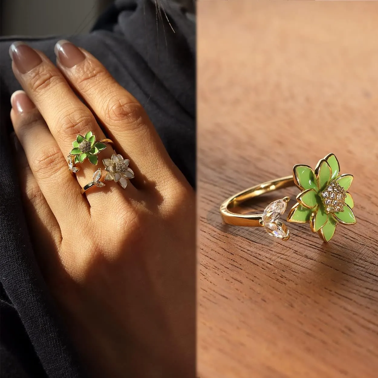 Sonateomber Spring Flower Adjustable Open Gold Ring for Women - Trendy Elegant Unique Cubic Zirconia Enamel Front Open Floral Leaf Easter Jewelry Gift