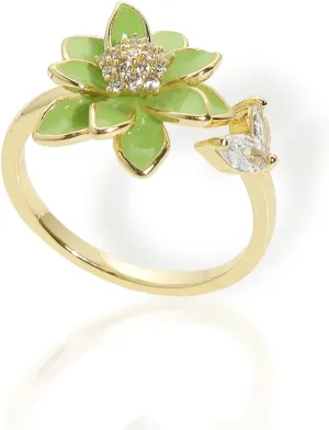Sonateomber Spring Flower Adjustable Open Gold Ring for Women - Trendy Elegant Unique Cubic Zirconia Enamel Front Open Floral Leaf Easter Jewelry Gift