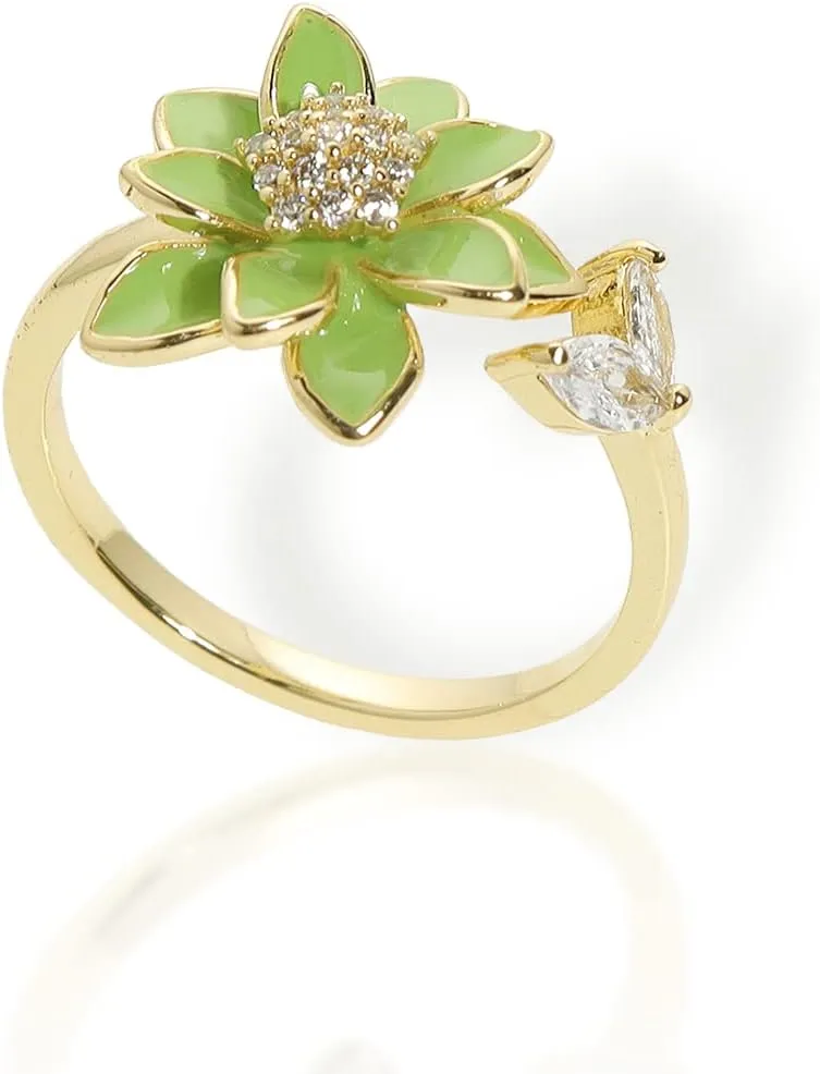 Sonateomber Spring Flower Adjustable Open Gold Ring for Women - Trendy Elegant Unique Cubic Zirconia Enamel Front Open Floral Leaf Easter Jewelry Gift
