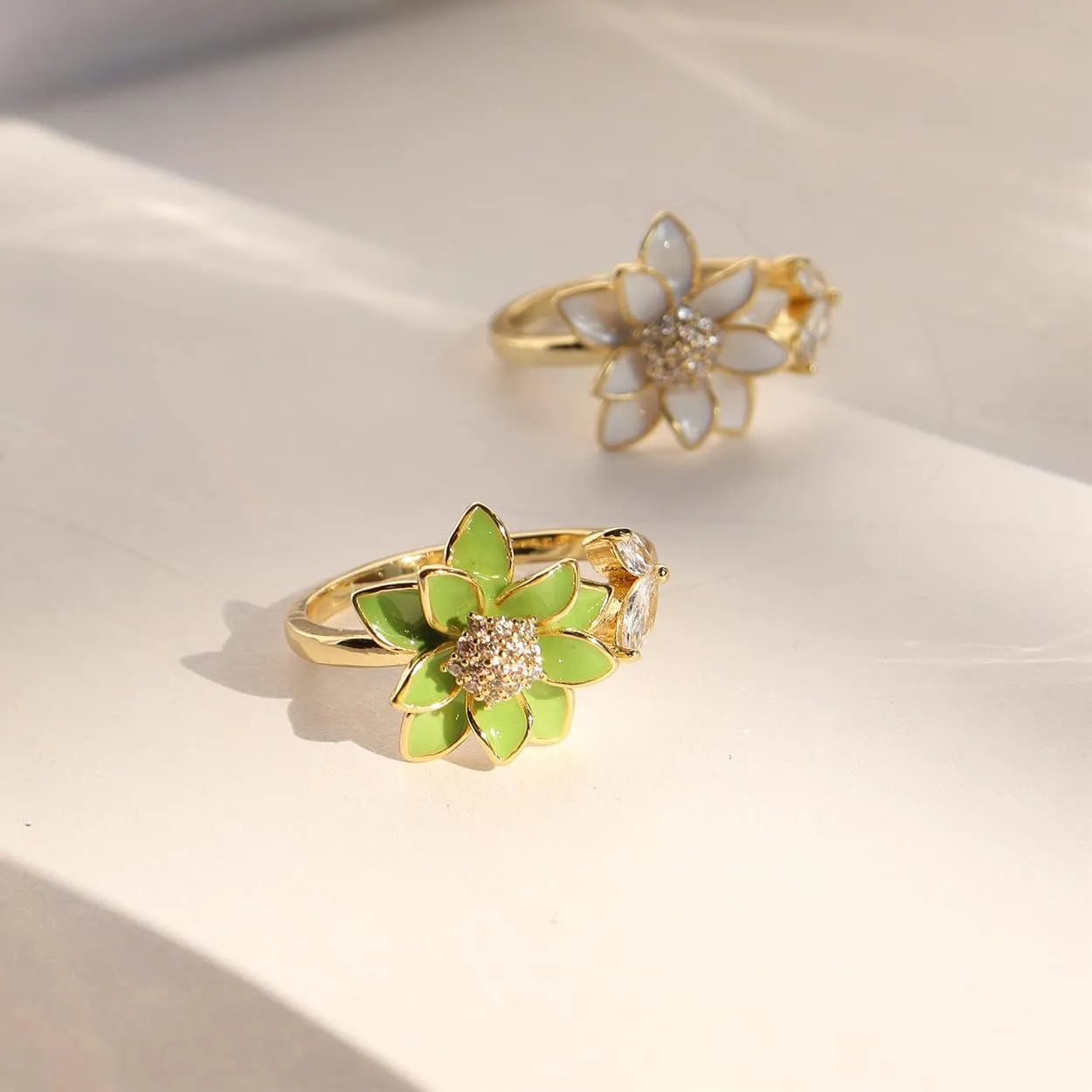Sonateomber Spring Flower Adjustable Open Gold Ring for Women - Trendy Elegant Unique Cubic Zirconia Enamel Front Open Floral Leaf Easter Jewelry Gift