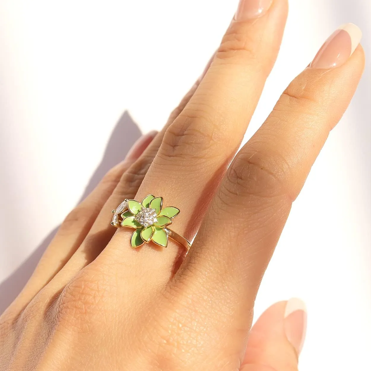Sonateomber Spring Flower Adjustable Open Gold Ring for Women - Trendy Elegant Unique Cubic Zirconia Enamel Front Open Floral Leaf Easter Jewelry Gift