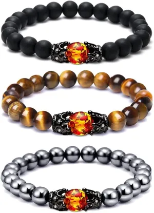 SOOWOOT 3Pcs Protection Bracelet - 8mm Natural Stone Tiger Eye Hematite Bracelet Crown Charm Bead Bracelets for Men Women