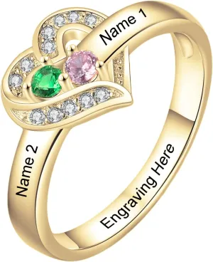 SOULMEET Personalized 10k 14k 18k Solid Gold Mother Rings  Custom 1-8 Family Names Heart Birthstone Ring- Gift for Mother Family