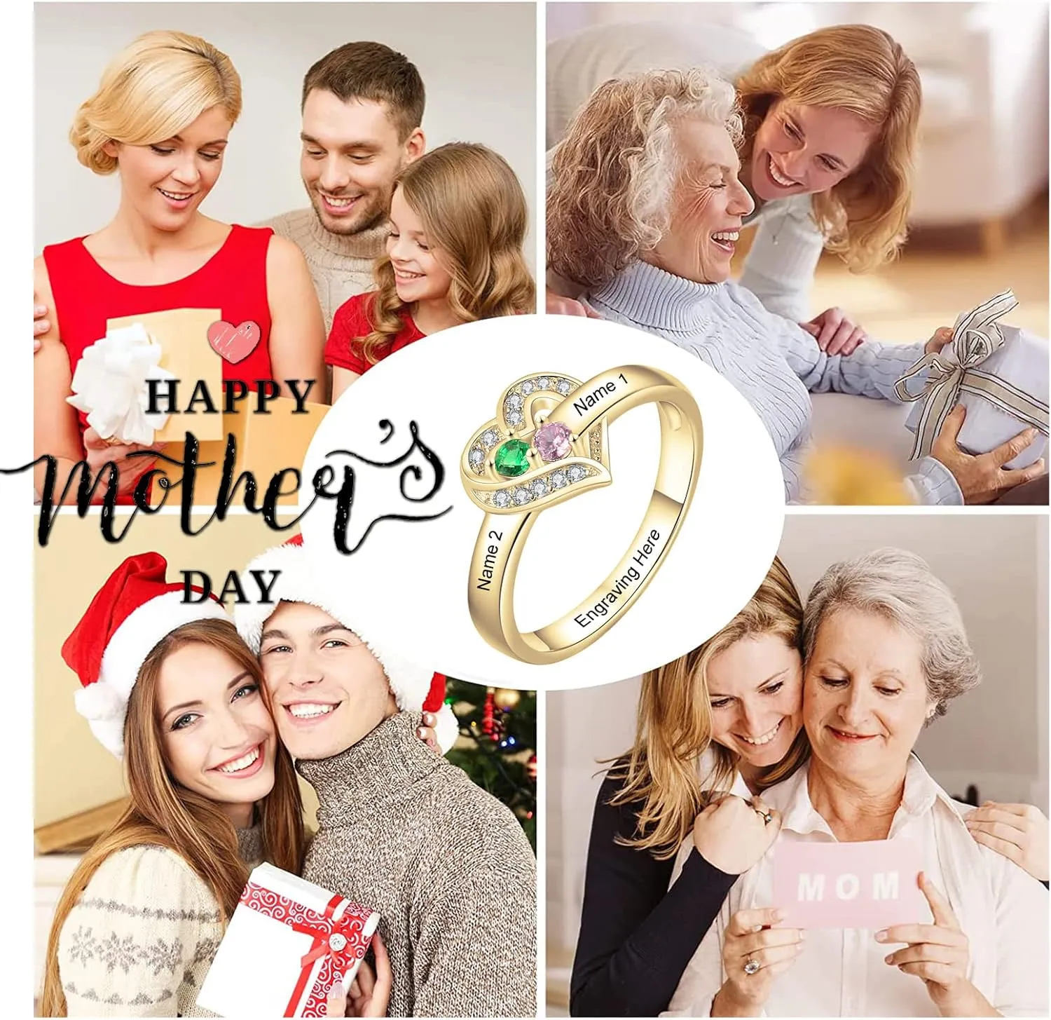 SOULMEET Personalized 10k 14k 18k Solid Gold Mother Rings  Custom 1-8 Family Names Heart Birthstone Ring- Gift for Mother Family