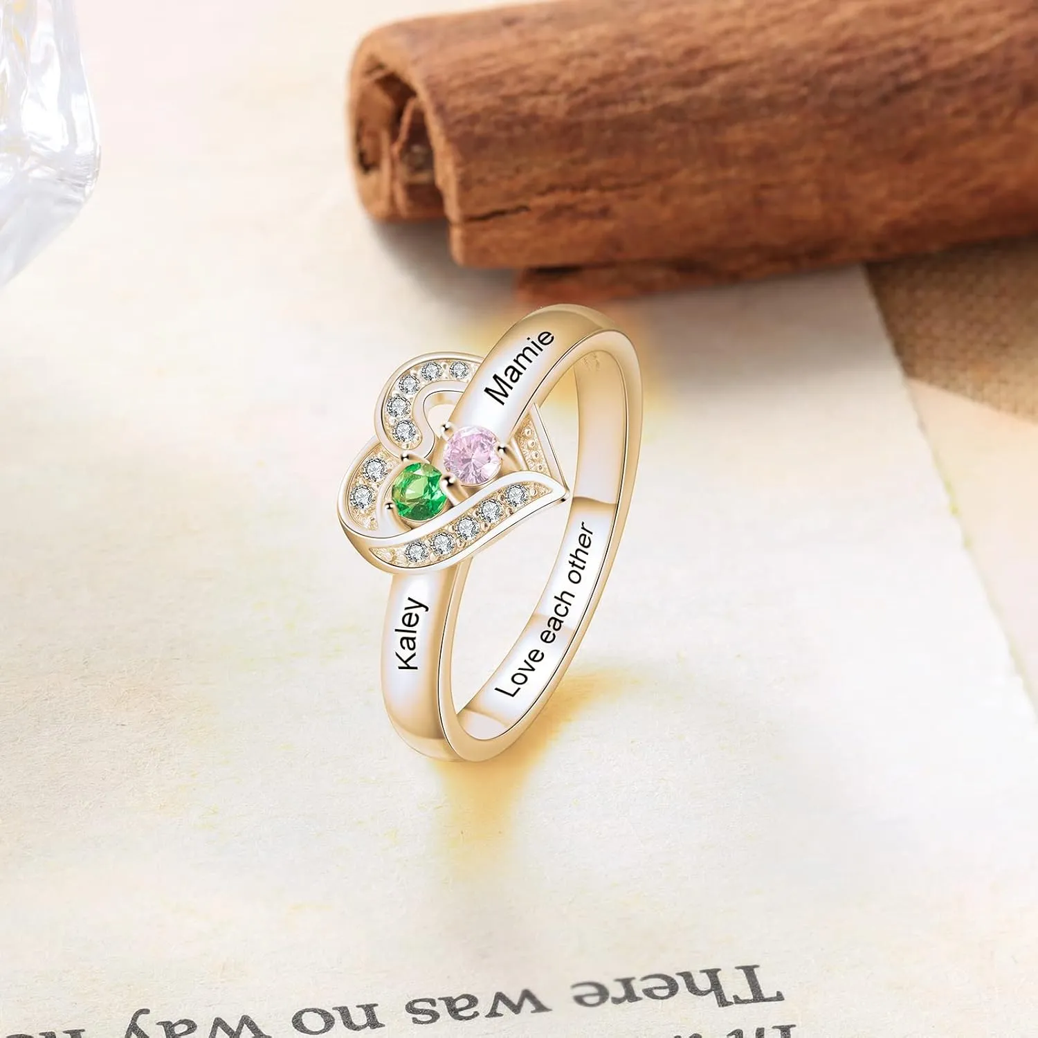 SOULMEET Personalized 10k 14k 18k Solid Gold Mother Rings  Custom 1-8 Family Names Heart Birthstone Ring- Gift for Mother Family