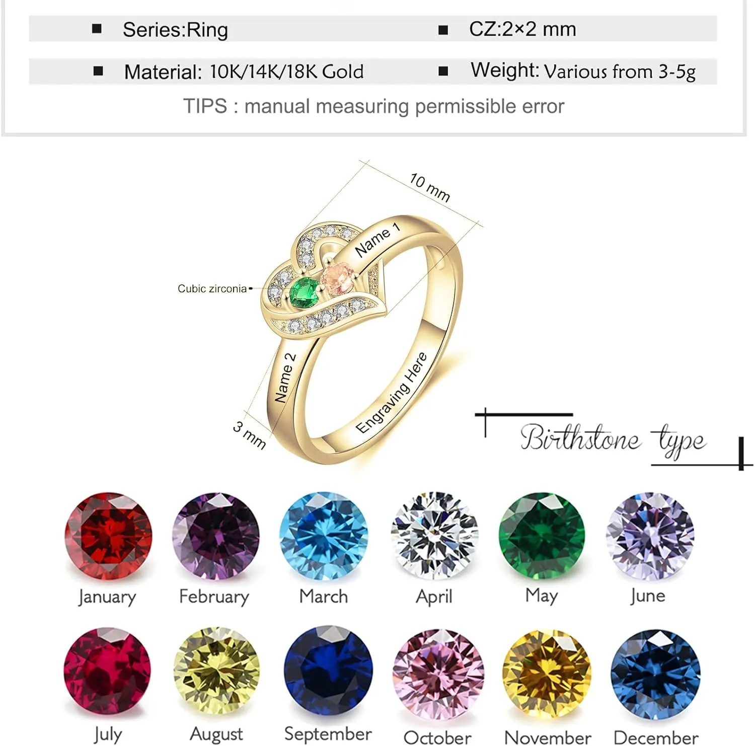 SOULMEET Personalized 10k 14k 18k Solid Gold Mother Rings  Custom 1-8 Family Names Heart Birthstone Ring- Gift for Mother Family