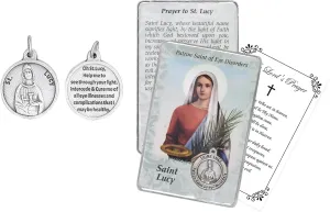 St Lucy Medal - St Lucy Prayer Card, The Lord's Prayer Card - Small Saint Lucia Medal for Men and Women - St Lucy Pendant, Patron Saint of The Blind and Those With Eye Trouble - 3 Items Total