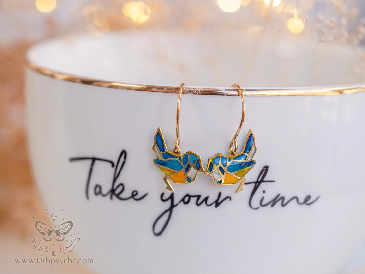 Stained glass inspired tiny blue bird earrings