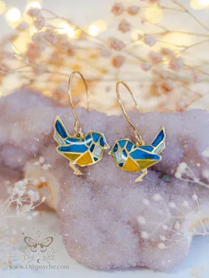 Stained glass inspired tiny blue bird earrings
