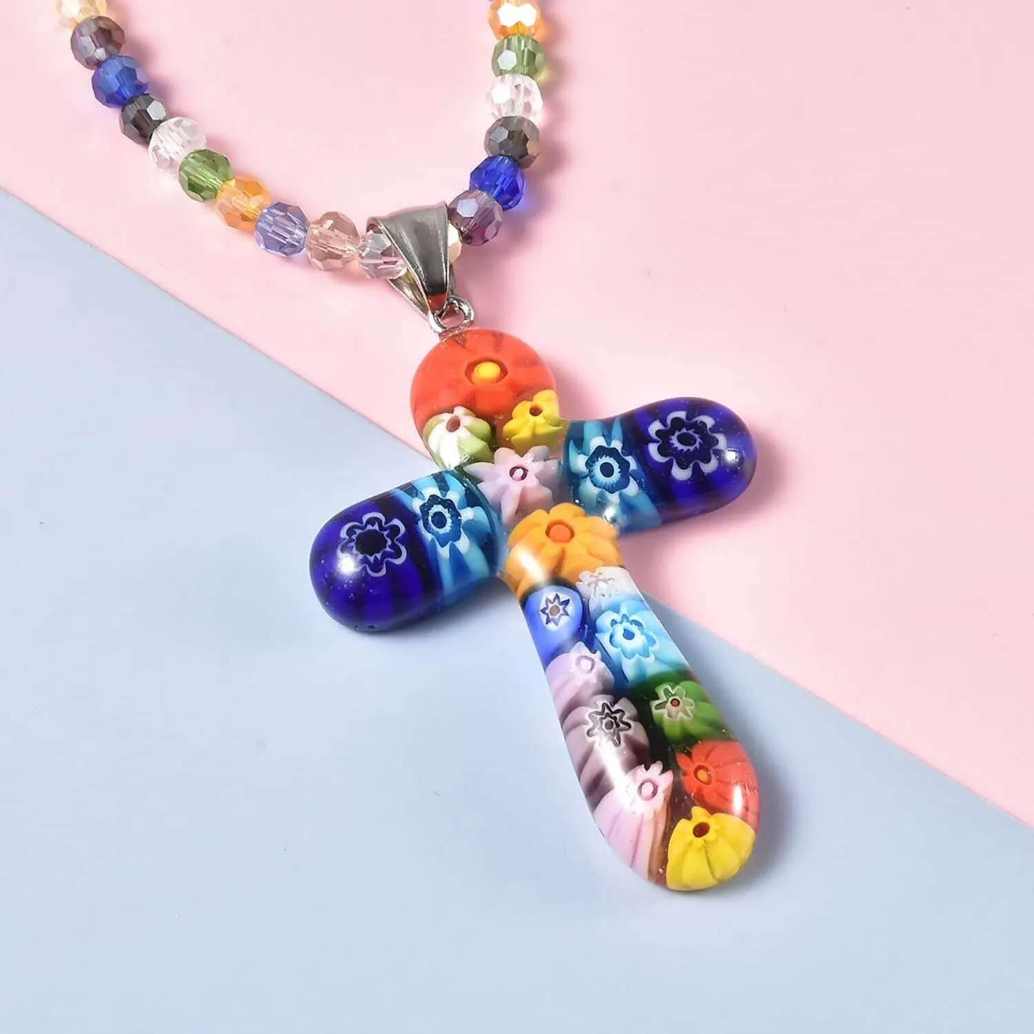 Stainless Steel Glass Murano Style Multi Color Beaded Cross Choker Pendant Necklace Delicate size 20" Catholic Faith Christian Religious Birthday Jewelry Birthday Gifts for Women