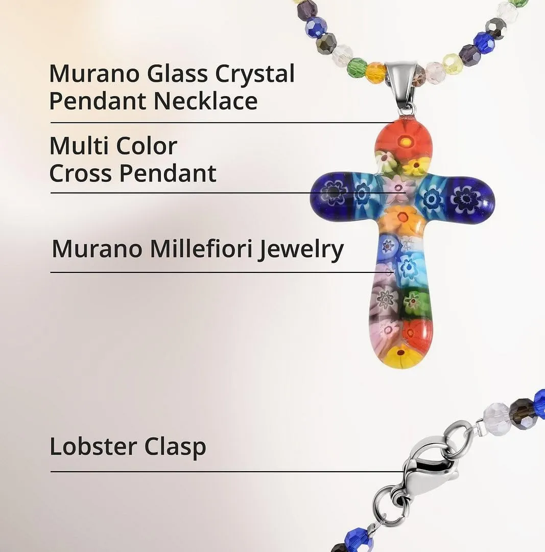 Stainless Steel Glass Murano Style Multi Color Beaded Cross Choker Pendant Necklace Delicate size 20" Catholic Faith Christian Religious Birthday Jewelry Birthday Gifts for Women