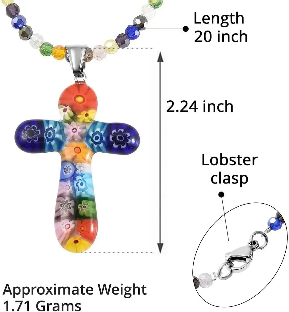 Stainless Steel Glass Murano Style Multi Color Beaded Cross Choker Pendant Necklace Delicate size 20" Catholic Faith Christian Religious Birthday Jewelry Birthday Gifts for Women