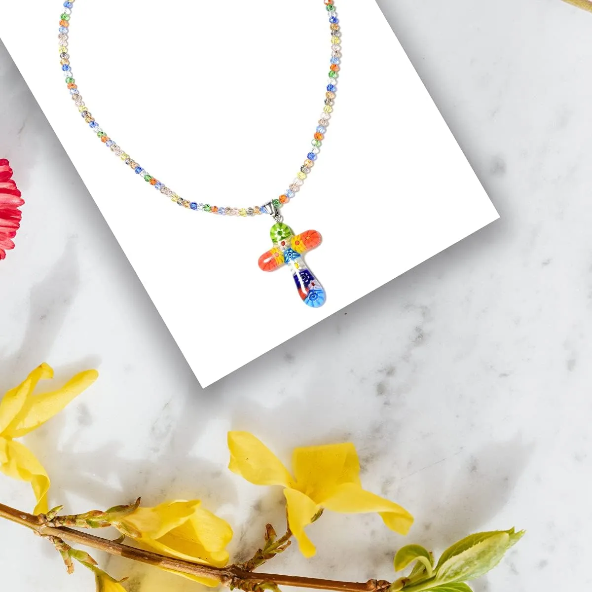 Stainless Steel Glass Murano Style Multi Color Beaded Cross Choker Pendant Necklace Delicate size 20" Catholic Faith Christian Religious Birthday Jewelry Birthday Gifts for Women