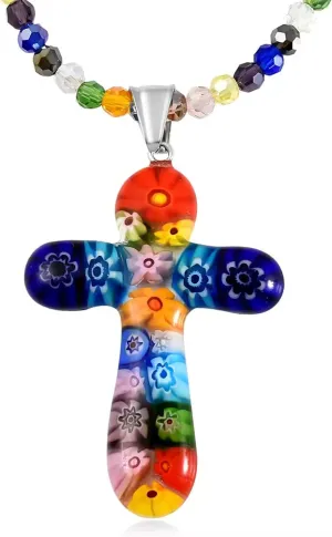 Stainless Steel Glass Murano Style Multi Color Beaded Cross Choker Pendant Necklace Delicate size 20" Catholic Faith Christian Religious Birthday Jewelry Birthday Gifts for Women