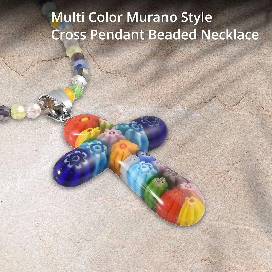 Stainless Steel Glass Murano Style Multi Color Beaded Cross Choker Pendant Necklace Delicate size 20" Catholic Faith Christian Religious Birthday Jewelry Birthday Gifts for Women