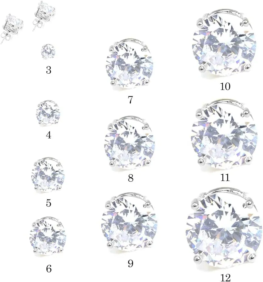 Stainless Steel Round Cut Cubic Zirconia Stud Earrings With Clear Case - Gold, Silver (3mm~12mm)