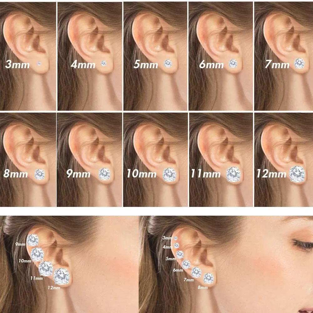 Stainless Steel Round Cut Cubic Zirconia Stud Earrings With Clear Case - Gold, Silver (3mm~12mm)