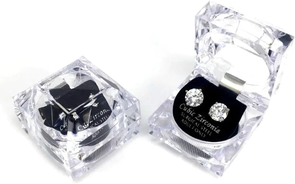 Stainless Steel Round Cut Cubic Zirconia Stud Earrings With Clear Case - Gold, Silver (3mm~12mm)