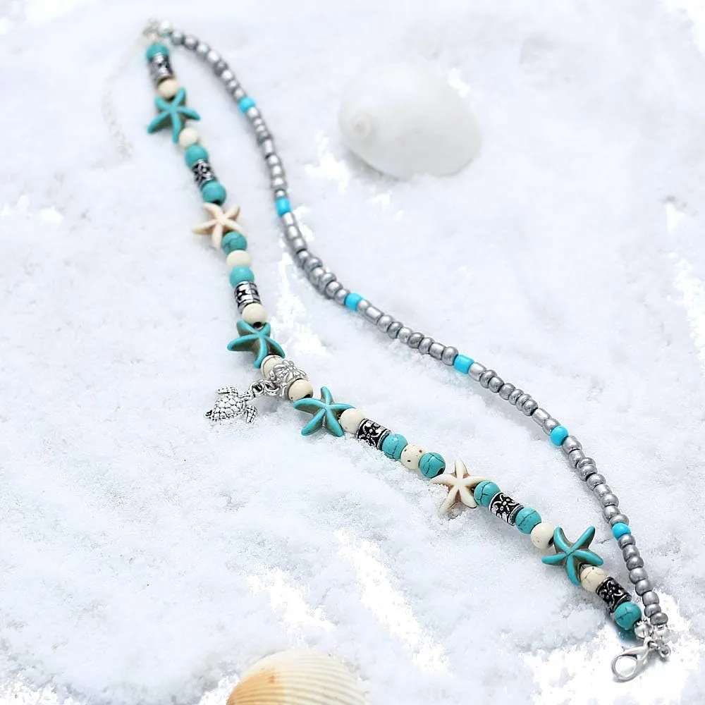 Starain Blue Turtle Anklets for Women Multilayer Beads Handmade Beach Ankle Bracelet Set Boho Foot Jewelry