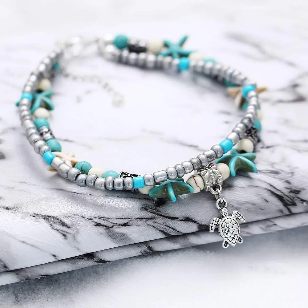 Starain Blue Turtle Anklets for Women Multilayer Beads Handmade Beach Ankle Bracelet Set Boho Foot Jewelry