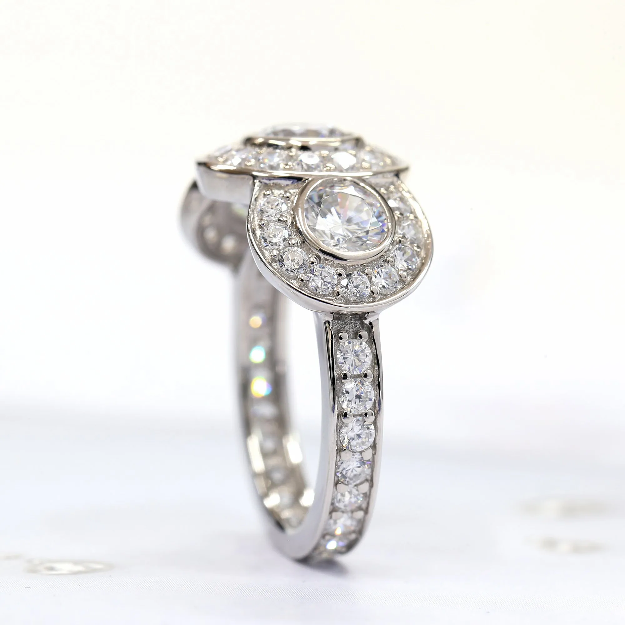 Sterling Silver 1.5 CT Simulated Diamond Three Stone Halo Wide Eternity Ring