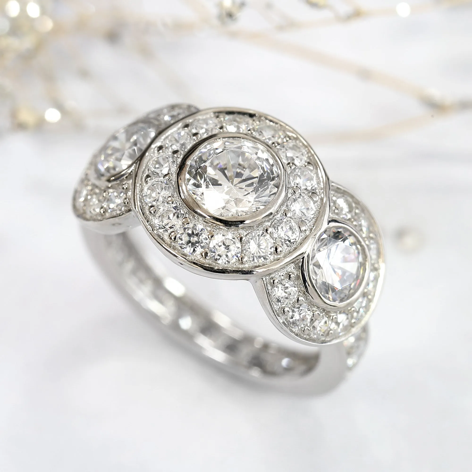 Sterling Silver 1.5 CT Simulated Diamond Three Stone Halo Wide Eternity Ring