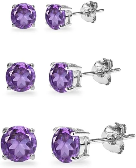 Sterling Silver African Amethyst Round-Cut Solitaire Stud Earrings for Women