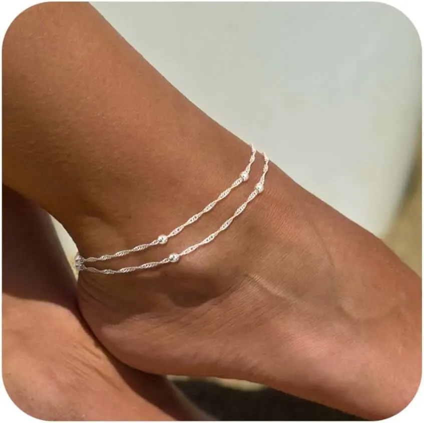Sterling Silver Ankle Bracelets for Women: Dainty Layered Waterproof Anklet for Women Adjustable Womens Anklet Set Stackable Figaro Beaded Cuban Link Anklets Beach Jewelry for Women