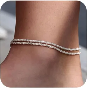 Sterling Silver Ankle Bracelets for Women: Dainty Layered Waterproof Anklet for Women Adjustable Womens Anklet Set Stackable Figaro Beaded Cuban Link Anklets Beach Jewelry for Women