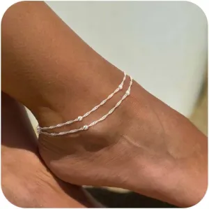 Sterling Silver Ankle Bracelets for Women: Dainty Layered Waterproof Anklet for Women Adjustable Womens Anklet Set Stackable Figaro Beaded Cuban Link Anklets Beach Jewelry for Women