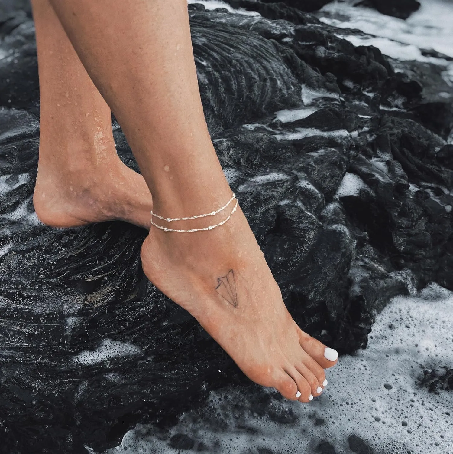 Sterling Silver Ankle Bracelets for Women: Dainty Layered Waterproof Anklet for Women Adjustable Womens Anklet Set Stackable Figaro Beaded Cuban Link Anklets Beach Jewelry for Women