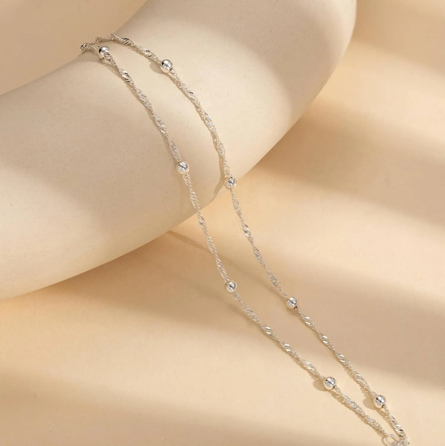 Sterling Silver Ankle Bracelets for Women: Dainty Layered Waterproof Anklet for Women Adjustable Womens Anklet Set Stackable Figaro Beaded Cuban Link Anklets Beach Jewelry for Women