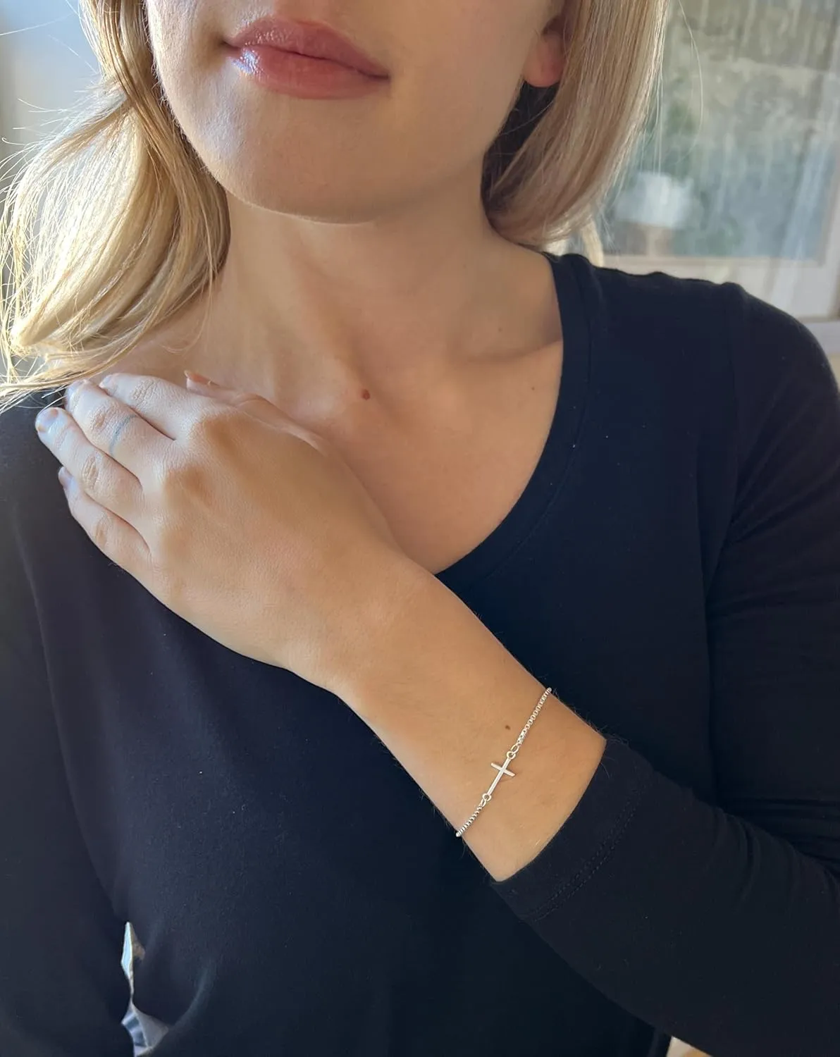 Sterling Silver Cross Bracelets for Women, Sideways Cross Bracelet, Horizontal Layering Layered, Austin Down to Earth, 7 or 8 Inch Adjustable (7.5-8.5 inch length)