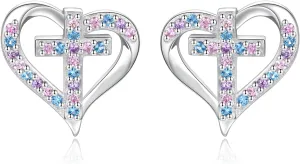 Sterling Silver Cross Stud Earrings: Women Colorful Stone Cross Heart Earrings Jewelry First Communion Gifts for Daughter Granddaughter
