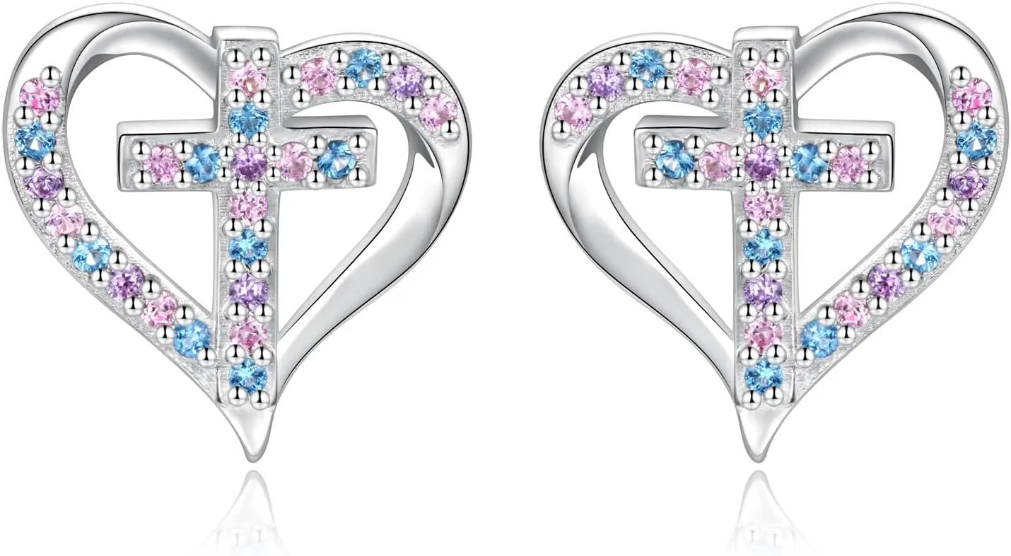 Sterling Silver Cross Stud Earrings: Women Colorful Stone Cross Heart Earrings Jewelry First Communion Gifts for Daughter Granddaughter