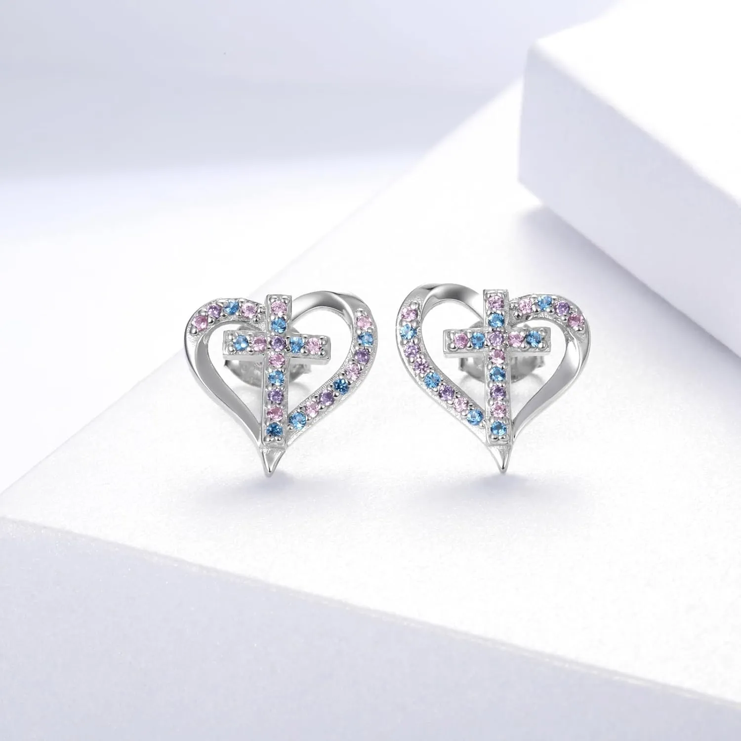 Sterling Silver Cross Stud Earrings: Women Colorful Stone Cross Heart Earrings Jewelry First Communion Gifts for Daughter Granddaughter